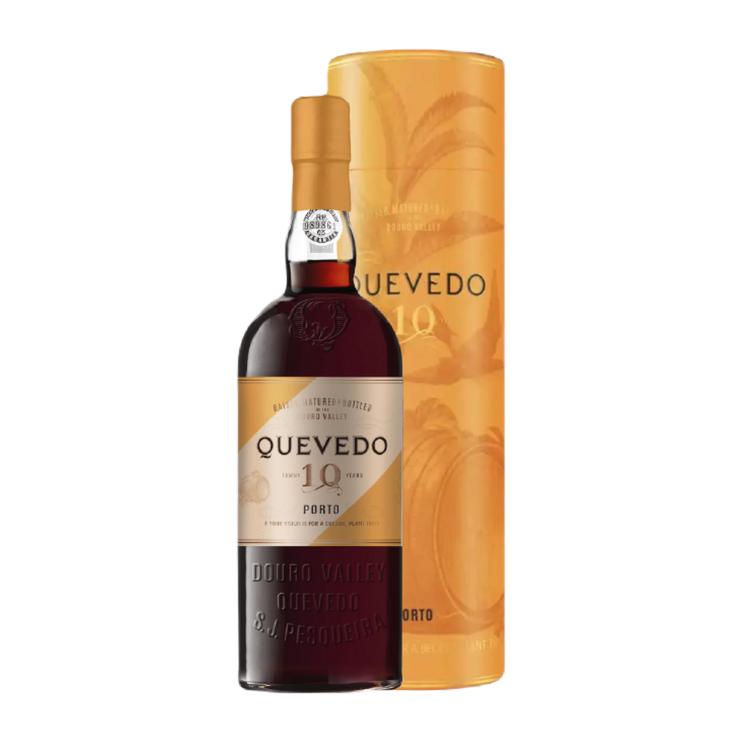 10 Years Tawny Port Gift Tube - Quevedo fles met geschenkkoker op witte achtergrond